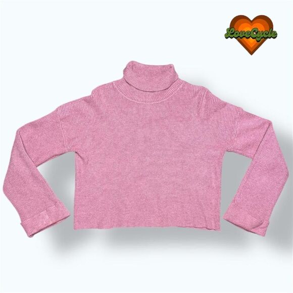 Pink Ribbed Cropped Turtleneck Sweater – Mod On Trend Large Dusty Rose Knit - Picture 2 of 5